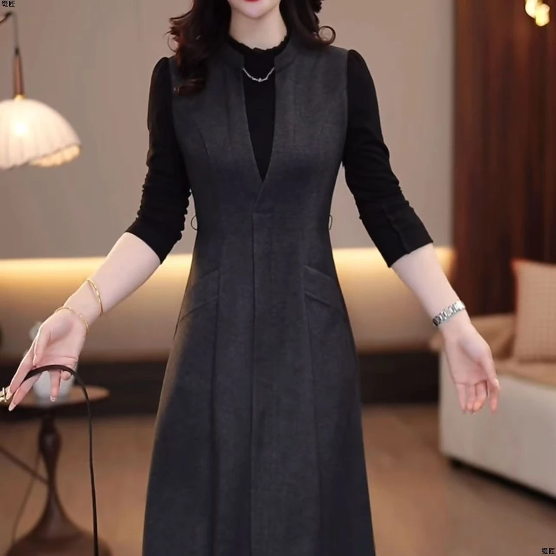 8229#高级时尚洋气简约减龄礼服裙2025春秋新款中长款连衣裙
