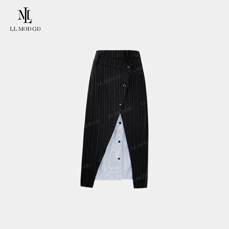 协奏曲 不规则侧系扣半身裙复古时髦高腰开叉拼接包臀裙XR-260367