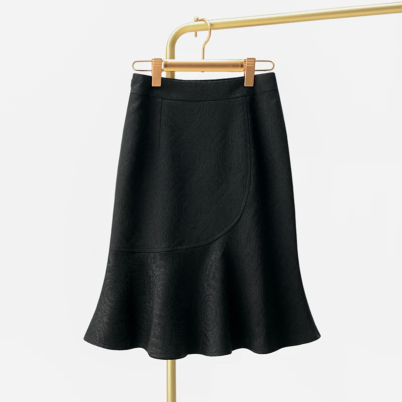 黑色高腰显瘦半身裙女2025夏季新款荷叶边中长款包臀鱼尾裙小个子