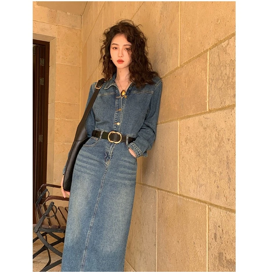 酒午港风复古春季慵懒风高腰显瘦牛仔连衣裙长袖衬衫KLF2967