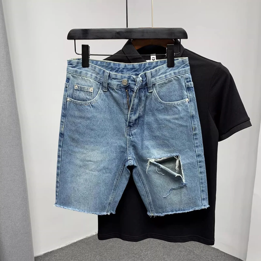 2025夏季薄款男生5分短裤ins个性潮牌毛边大破洞休闲无弹牛仔短裤