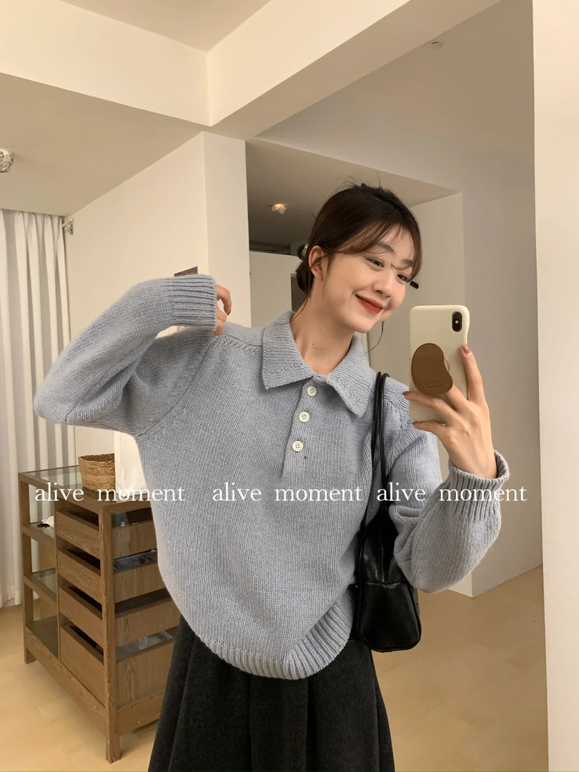 J-5788#韩系简约通勤百搭纯色翻领宽松套头毛衣针织衫