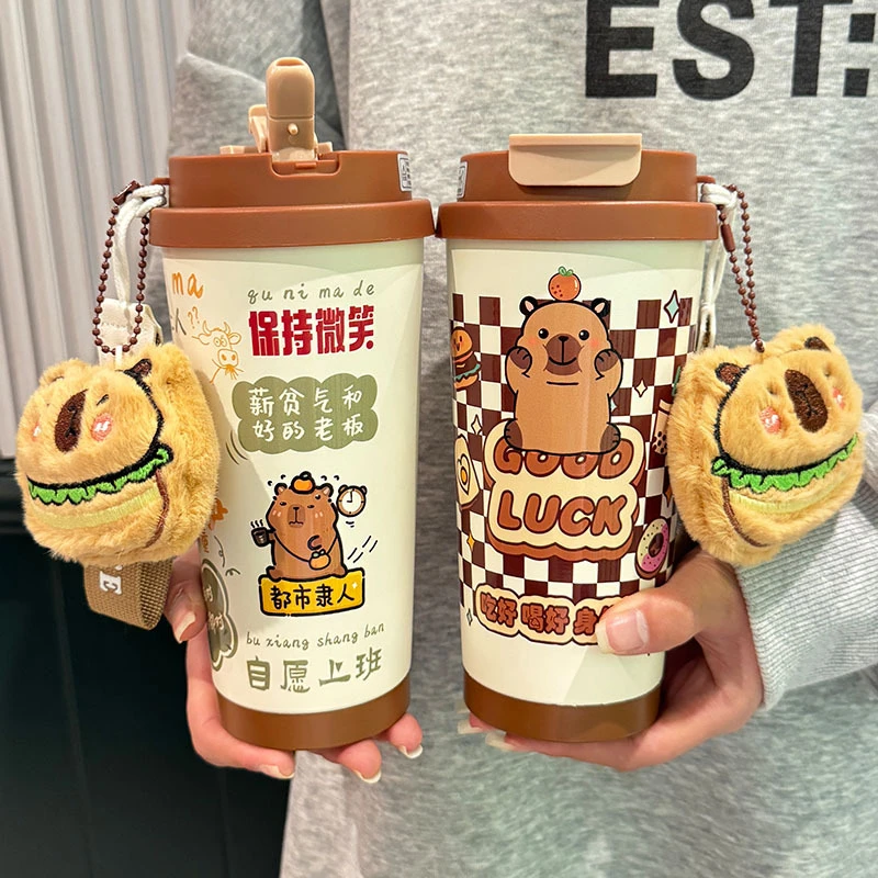 卡皮巴拉保温杯女士高颜值2025新款大容量陶瓷内胆办公室保冷杯子