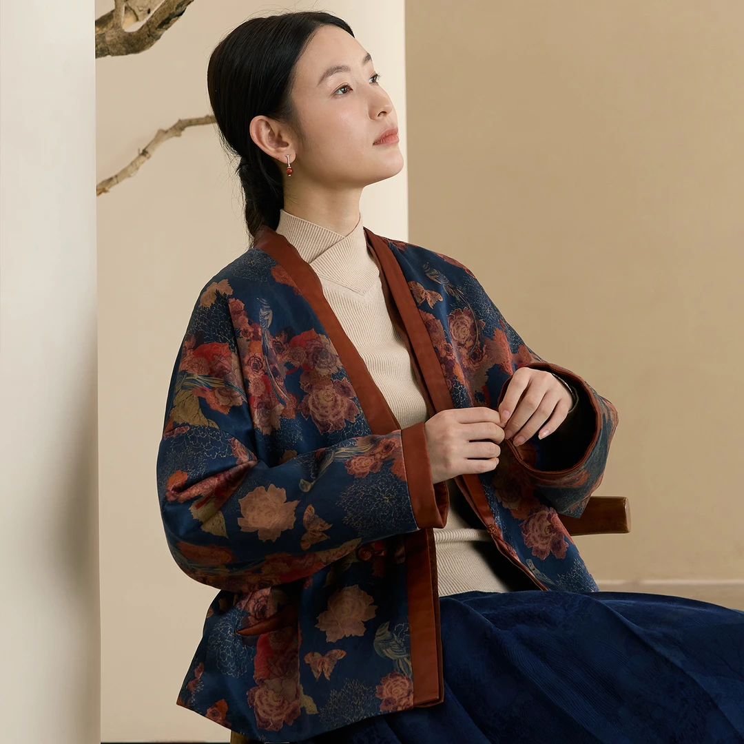 【笺上花事】吉祥羽儿原创设计感50MM喷绘重缎香云纱复古夹棉外套