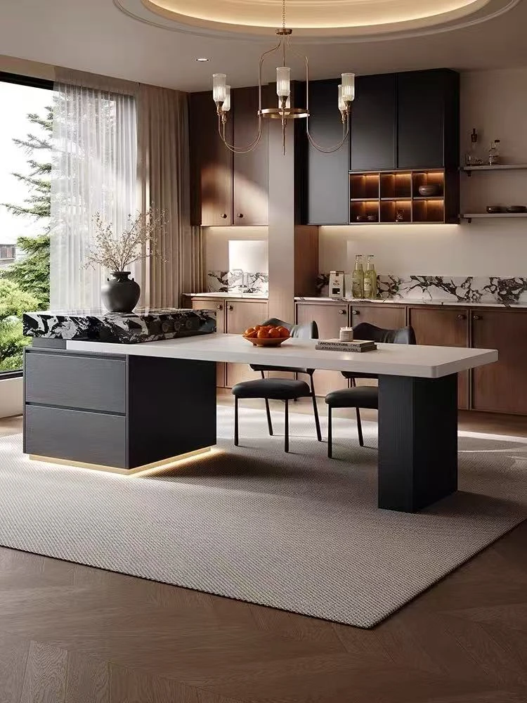 新款家用意式极简电动伸缩岛台极简风轻奢岛台岩板中岛台一体餐桌