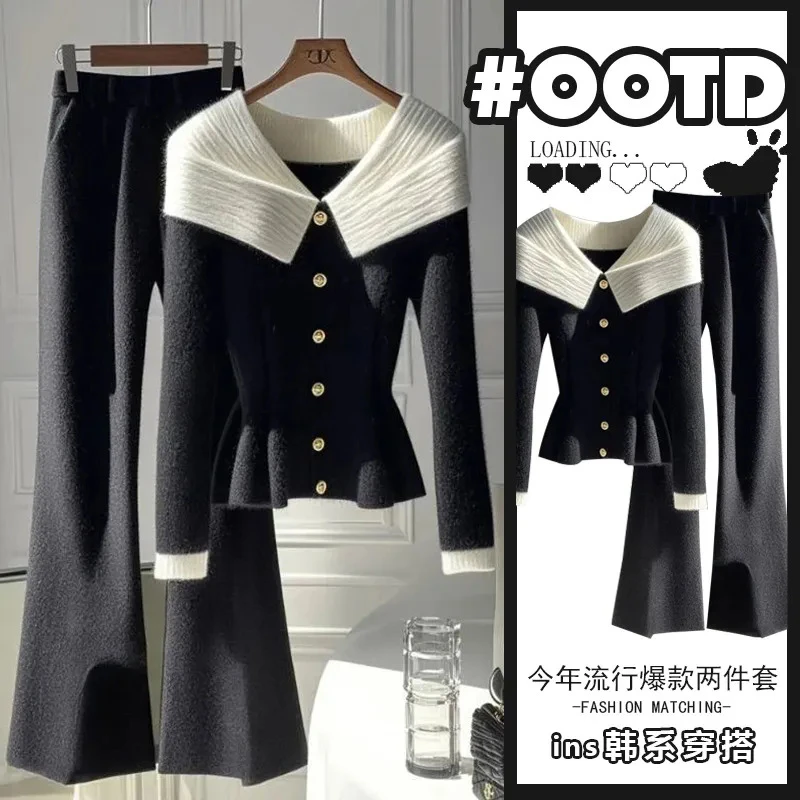 单件/设计感别致撞色拼接领上衣高腰显瘦微喇叭裤港味别致百搭潮