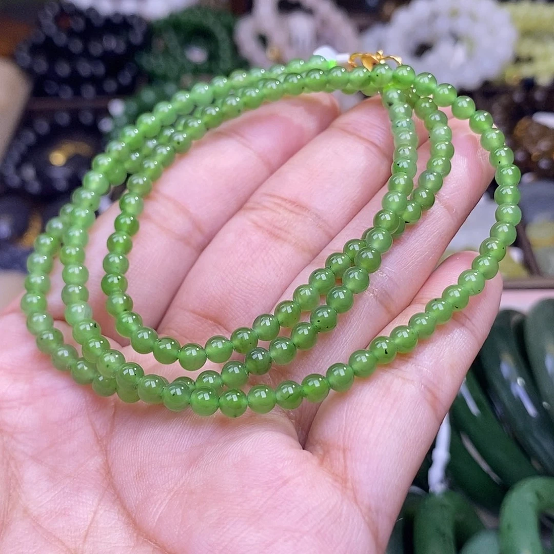 和田玉未镶嵌颈饰碧玉苹果绿老矿料约4mm小米珠