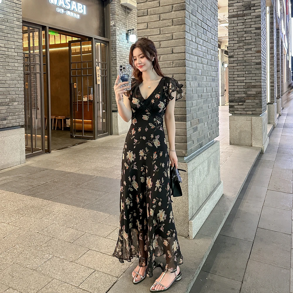 2025夏季新款海边度假风修身收腰气质雪纺长裙子