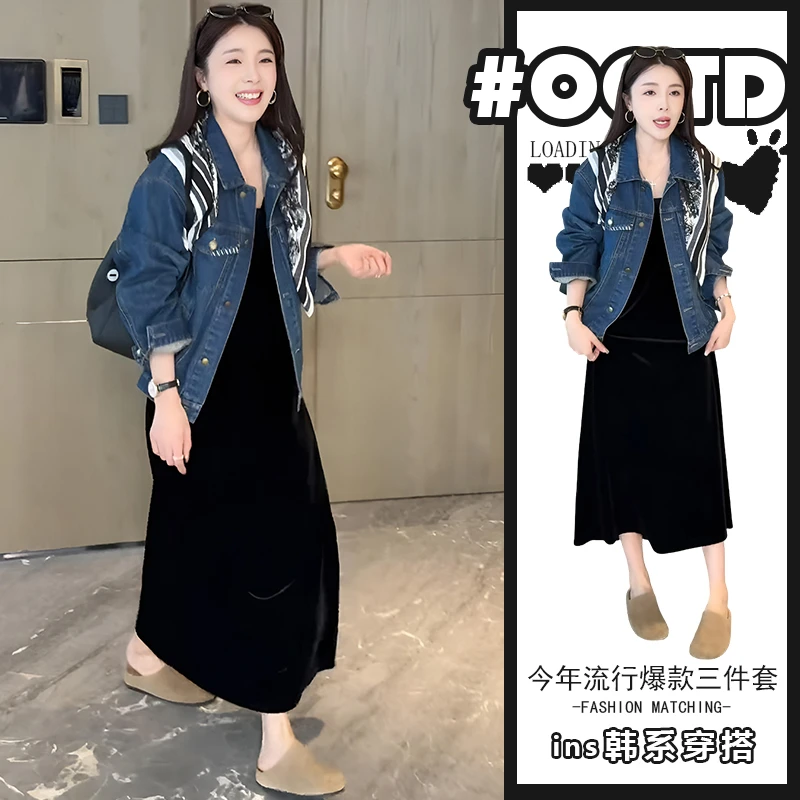 2025秋冬高级感宽松牛仔外套丝巾黑色连衣裙欧美纯欲显气质套装潮