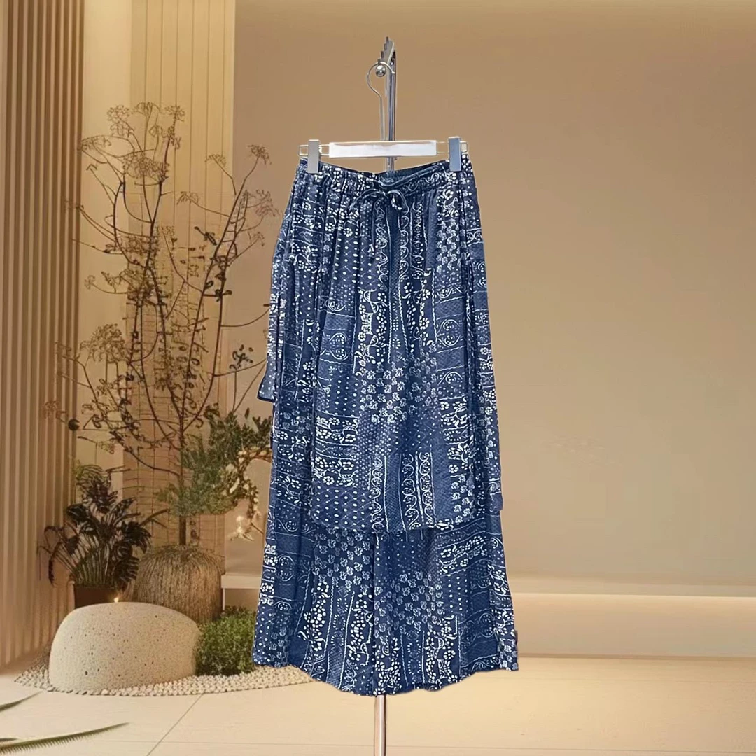 渔夫裤夏季新款松紧腰民族风小碎花半身裙苎麻轻薄透气
