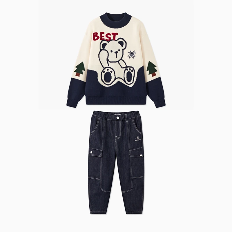 【拜年服】MQD童装冬季新品新年卡通学院风半高领毛衣套装TCW07G6