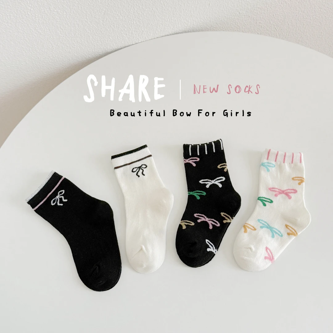 秋冬新款袜子儿童日韩系ins潮女童中筒袜彩色蝴蝶结女宝宝运动袜