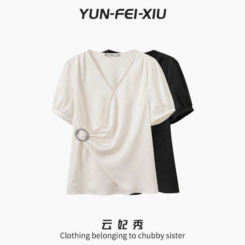 云妃秀大码女装T恤纯色V领百搭上衣显瘦微胖气质韩版遮肉夏季2261