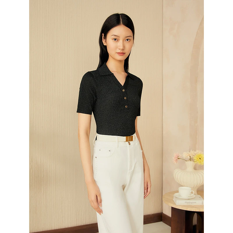 YINER音儿2025夏季新款法式复古海鸥领金葱亮丝针织衫8C65206416