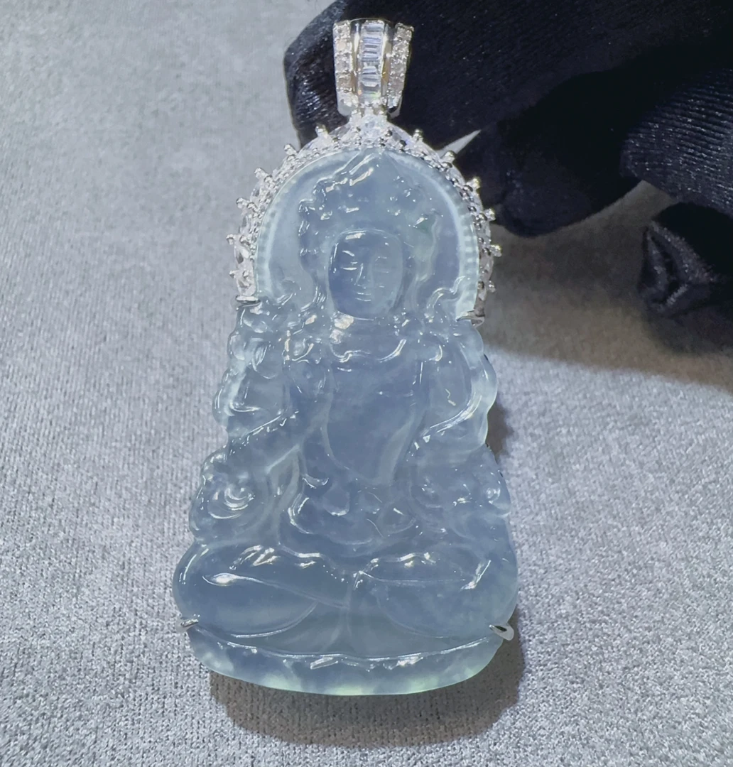 【新款-渡母观音】天然A货翡翠高冰天空蓝观音菩萨吊坠不封底裸镶