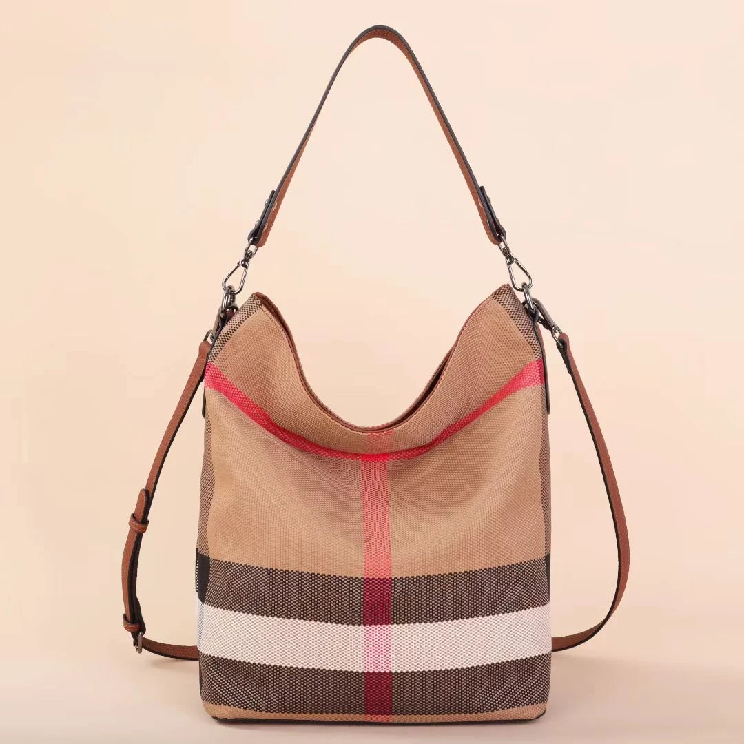 编织腋下条纹夹层拉链袋格子红色单肩包女士电脑包