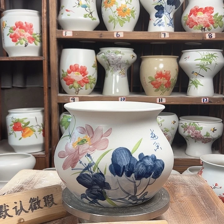 摆件钱袋子青花荷花新款陶瓷