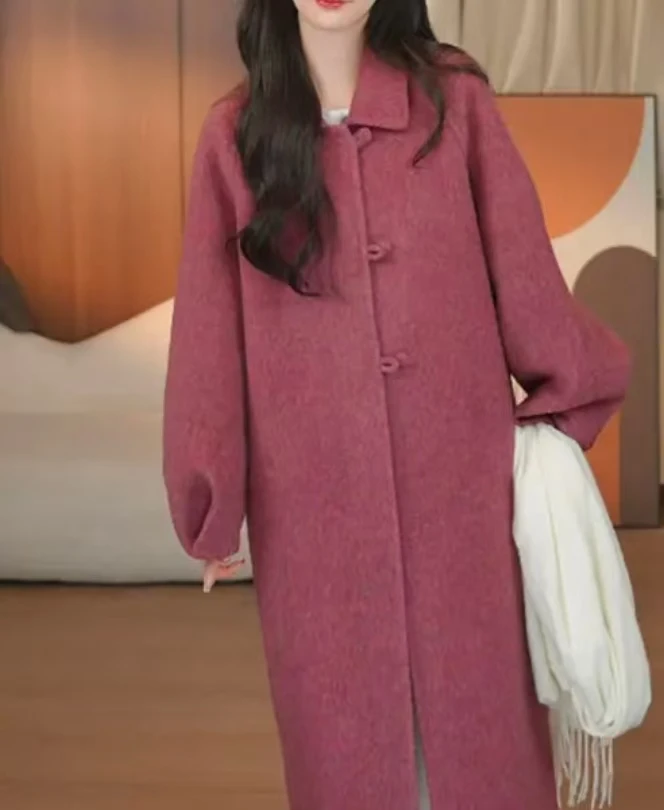 宽松百搭时尚毛呢外套长款娃娃领秋冬女直下摆休闲百搭