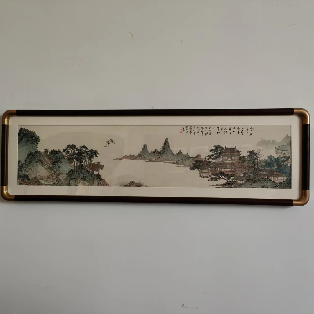 【仿铜角623】20*70山水画卷纯实木框新中式家居装饰挂画