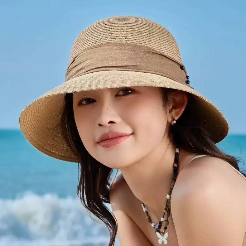 法式夏季新款帽子女时尚纸草帽子女户外飘带大檐遮阳帽
