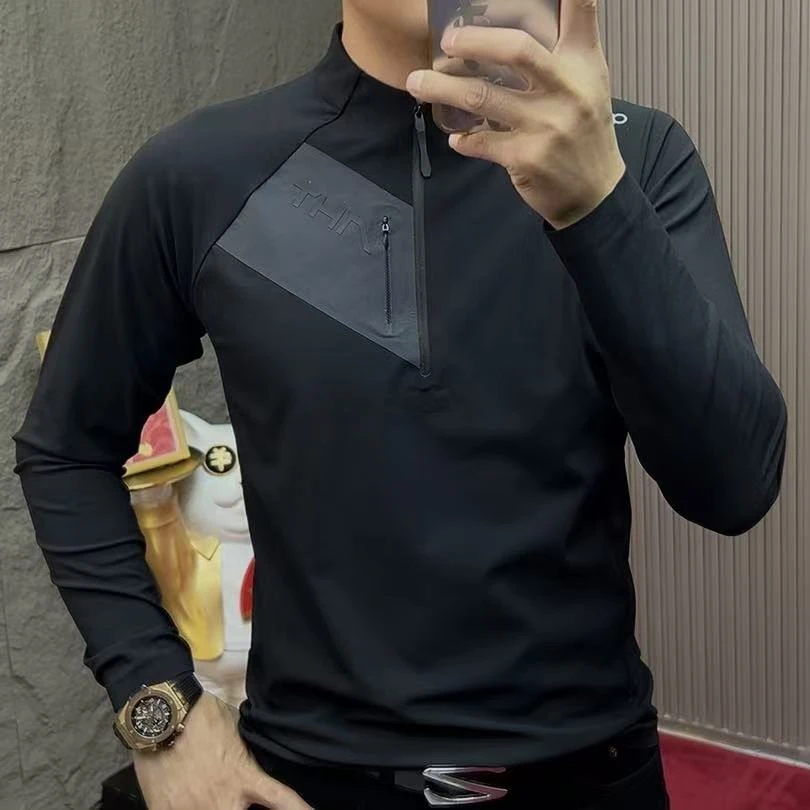 2025-35174排汗常规拼接男立领运动T恤修身高领运动套头半拉链