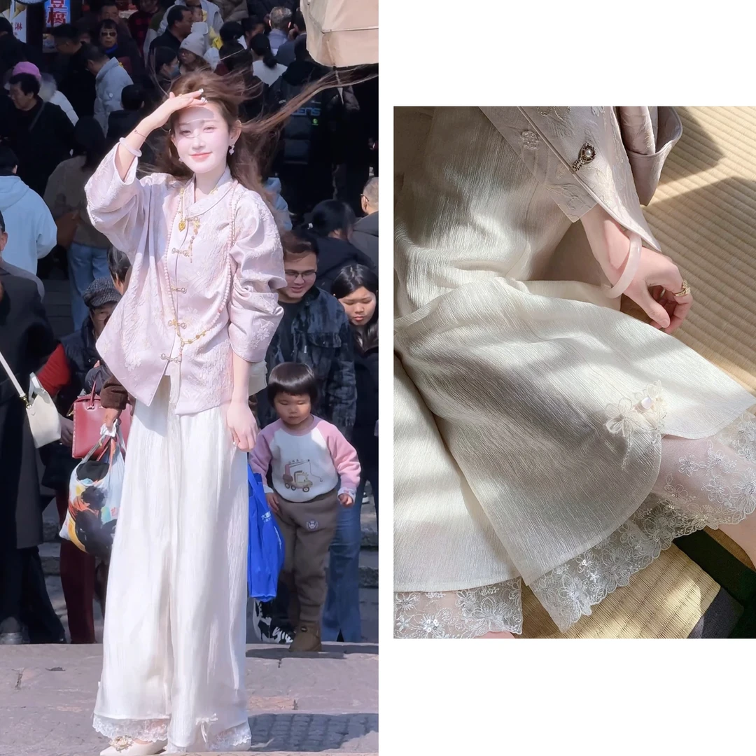 【婷婷】《月笼沙》国风流光 醋酸蕾丝垂感显高直筒裤 NMT8C050【Q】