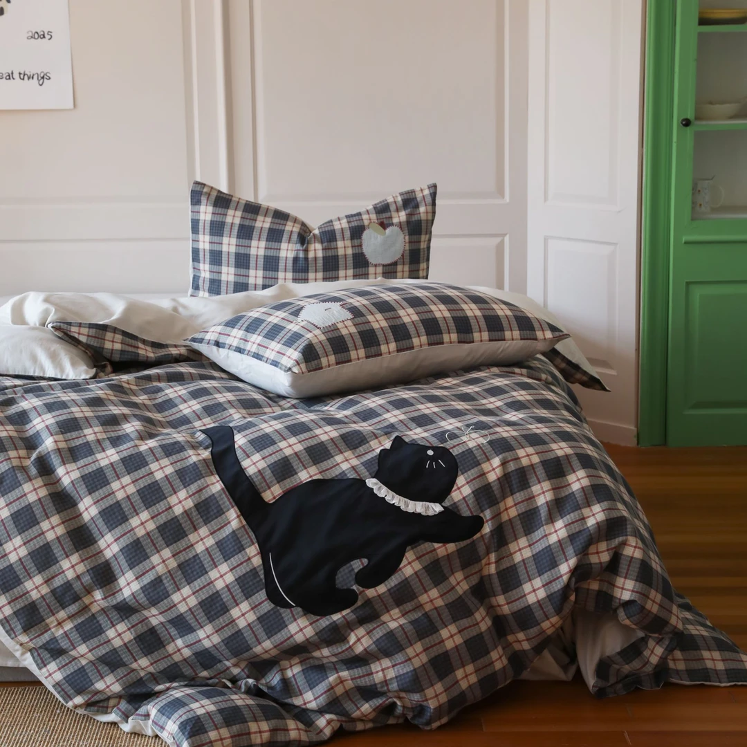 【MJ】黑猫的快乐 全棉双层纱贴布绣四件套纯棉床品亲肤柔软