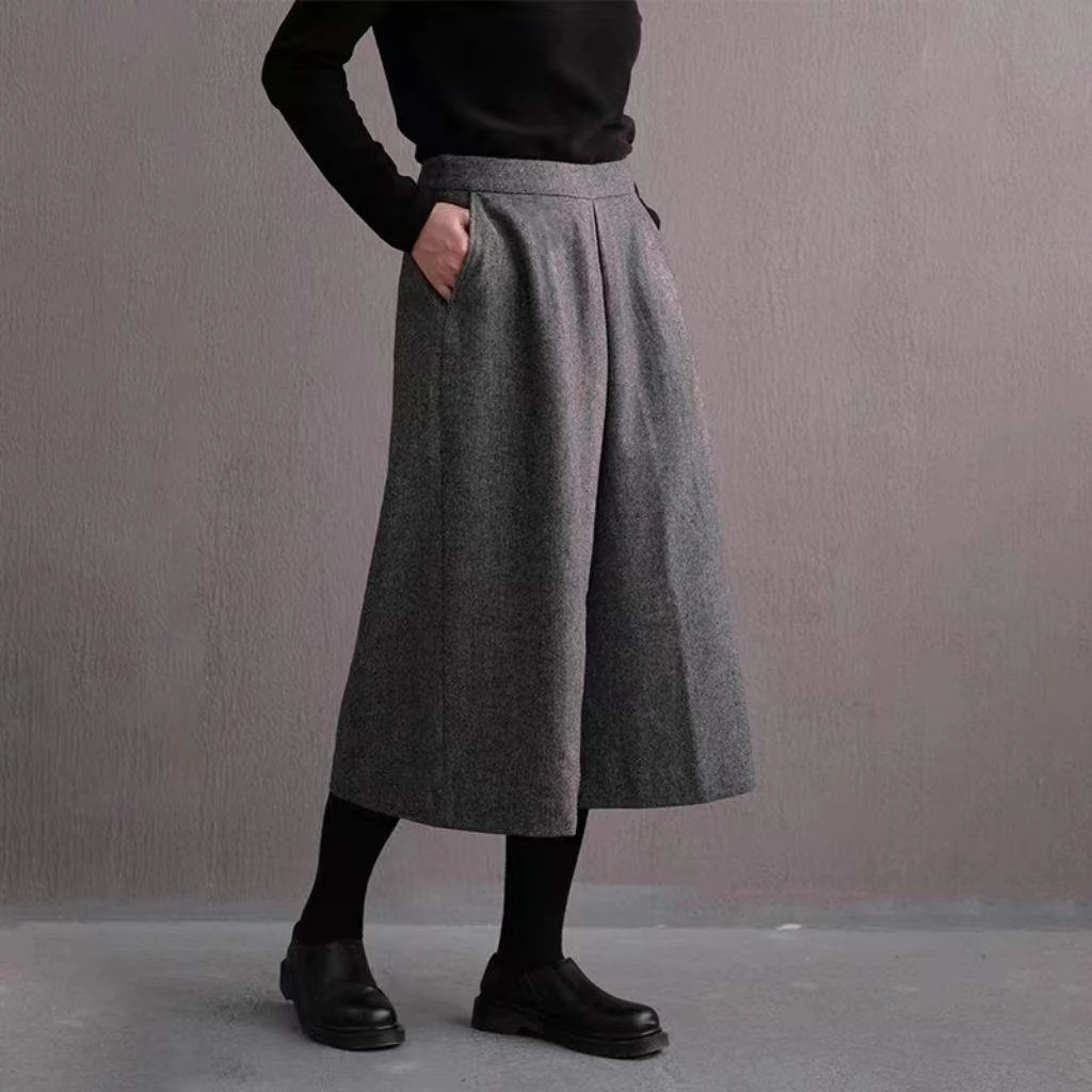 高腰宽松八分毛呢阔腿裤2025秋冬爆款松紧腰显瘦A型直筒呢子裙裤