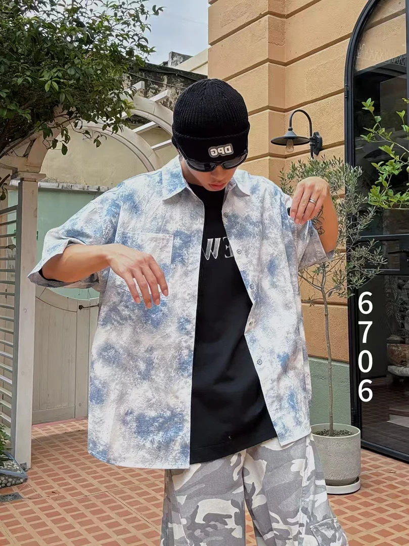 夏季男士扎染短袖花衬衫纯棉材质透气休闲沙滩风