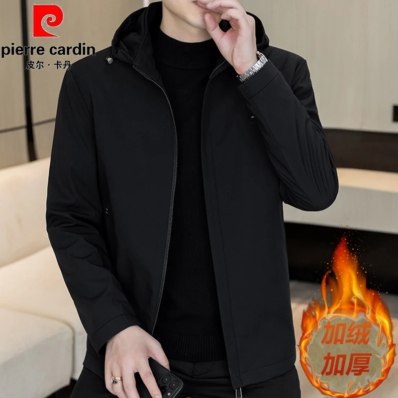 皮尔卡丹加绒时尚厚款休闲夹克常规款通勤风原色宽松型保暖