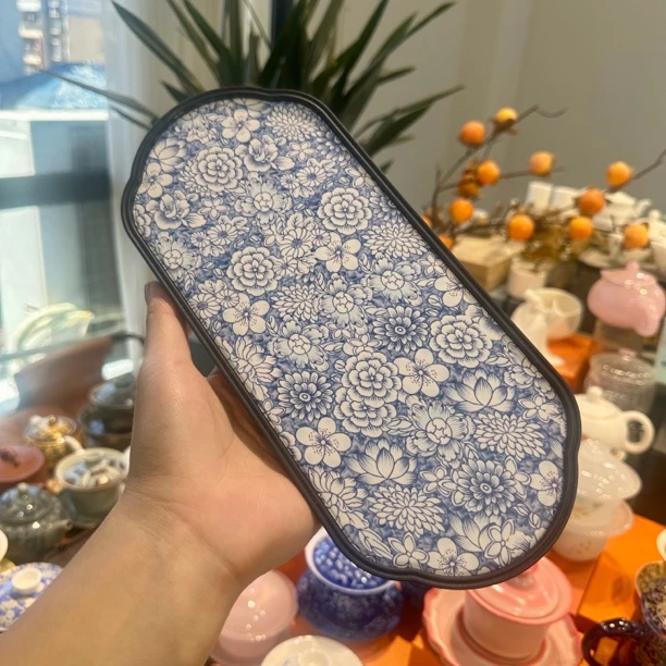 青花海棠干泡盘吸水茶盘-4415