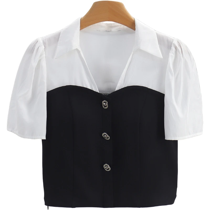 F1667-【飘】假两件修身装饰扣翻领短款上衣#YPL56S038