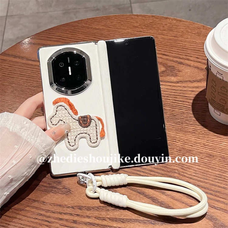 适用华为mate x7手机壳x5折叠中轴x6典藏版新年皮质刺绣小马挂绳