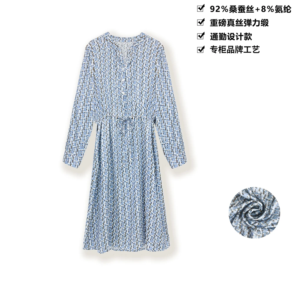 22姆米桑蚕丝弹力缎字母印花显瘦系带收腰老钱风真丝连衣裙LYQ13