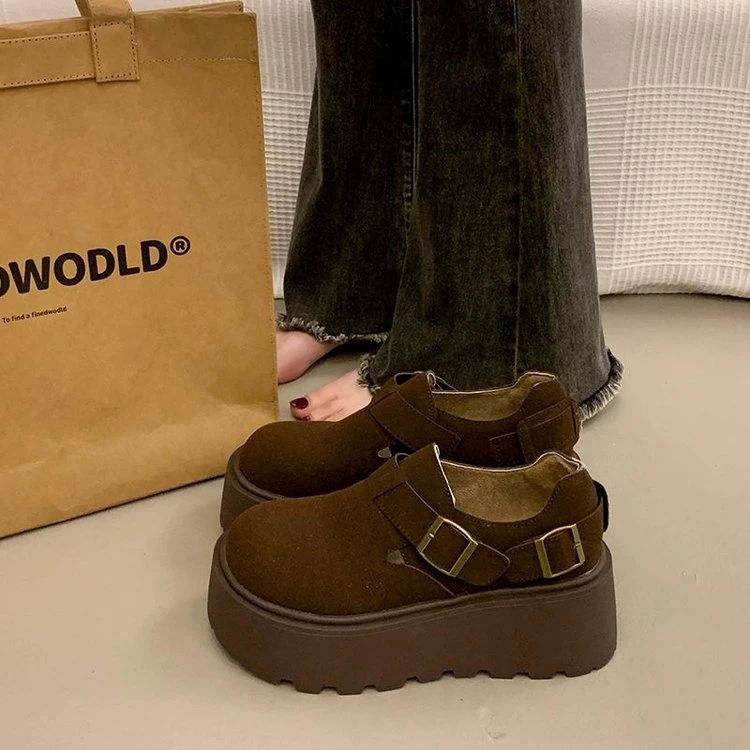 松糕厚底增高女鞋复古乐福鞋2025新款春秋勃肯鞋一脚蹬低帮磨砂皮