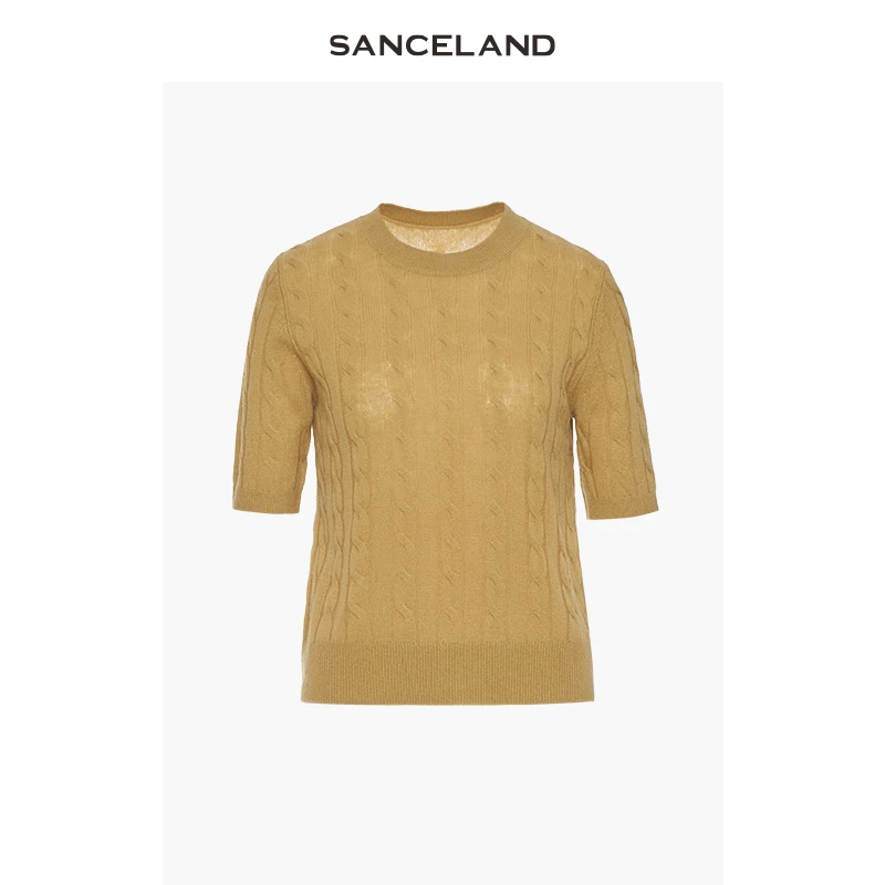 SANCELAND三石一澜秋黄色短袖圆领复古麻花针织羊绒衫SI31401078