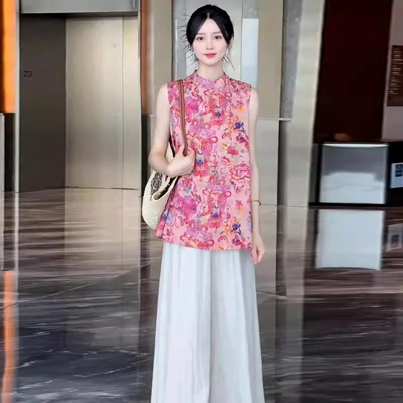时尚洋气套装女2025夏季新款新中式盘扣提花无袖上衣阔腿裤两件套