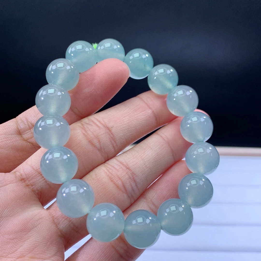嘉运翡翠3.9-4缅甸天然翡翠A货冰种冰蓝手串卡12mm16颗