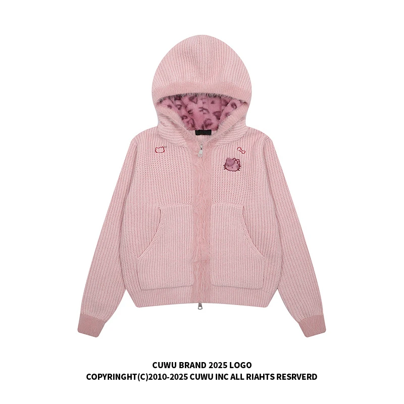 cuwu粉色kitty刺绣豹纹拼接连帽毛衣女秋冬短款拉链针织开衫外套