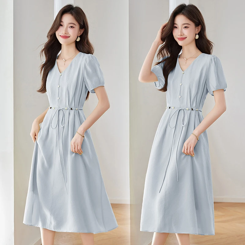 V领夏季法式猫咪印象通勤连衣裙连衣裙长裙时尚大码显瘦气质宽松