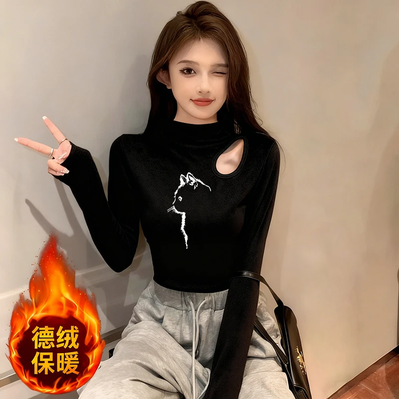 新款印花半高领打底衫女镂空长袖秋冬内搭德绒高级感保暖简约上衣