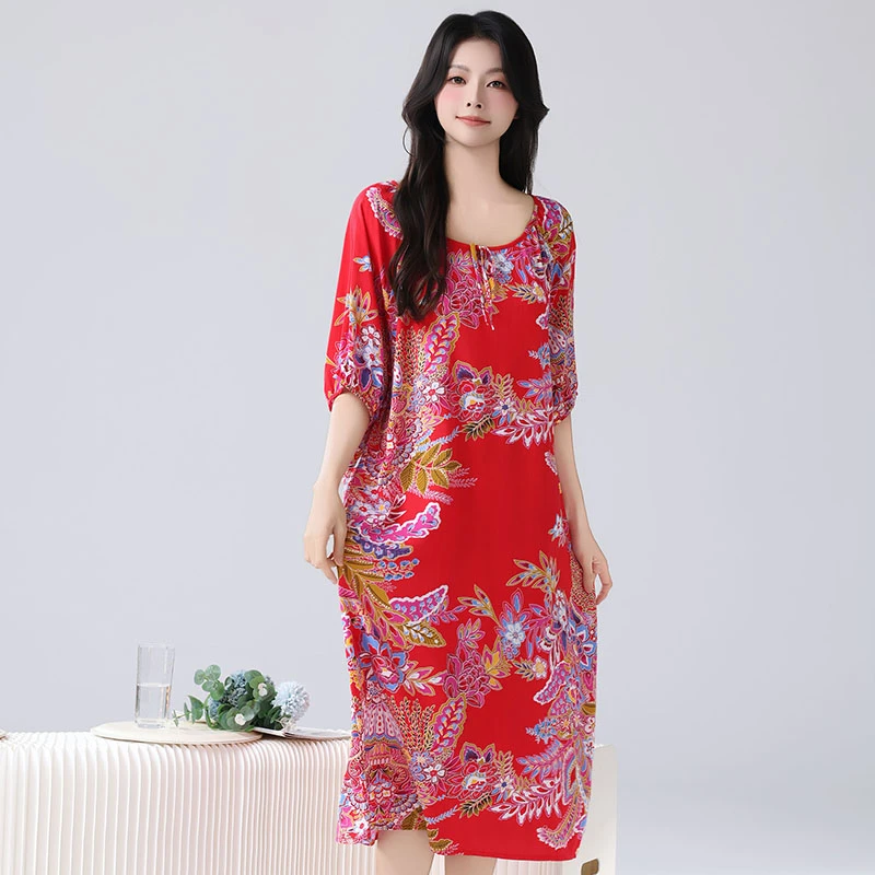 2025夏季新款长款女士加大时尚绵绸宽松薄款长裙中袖睡裙