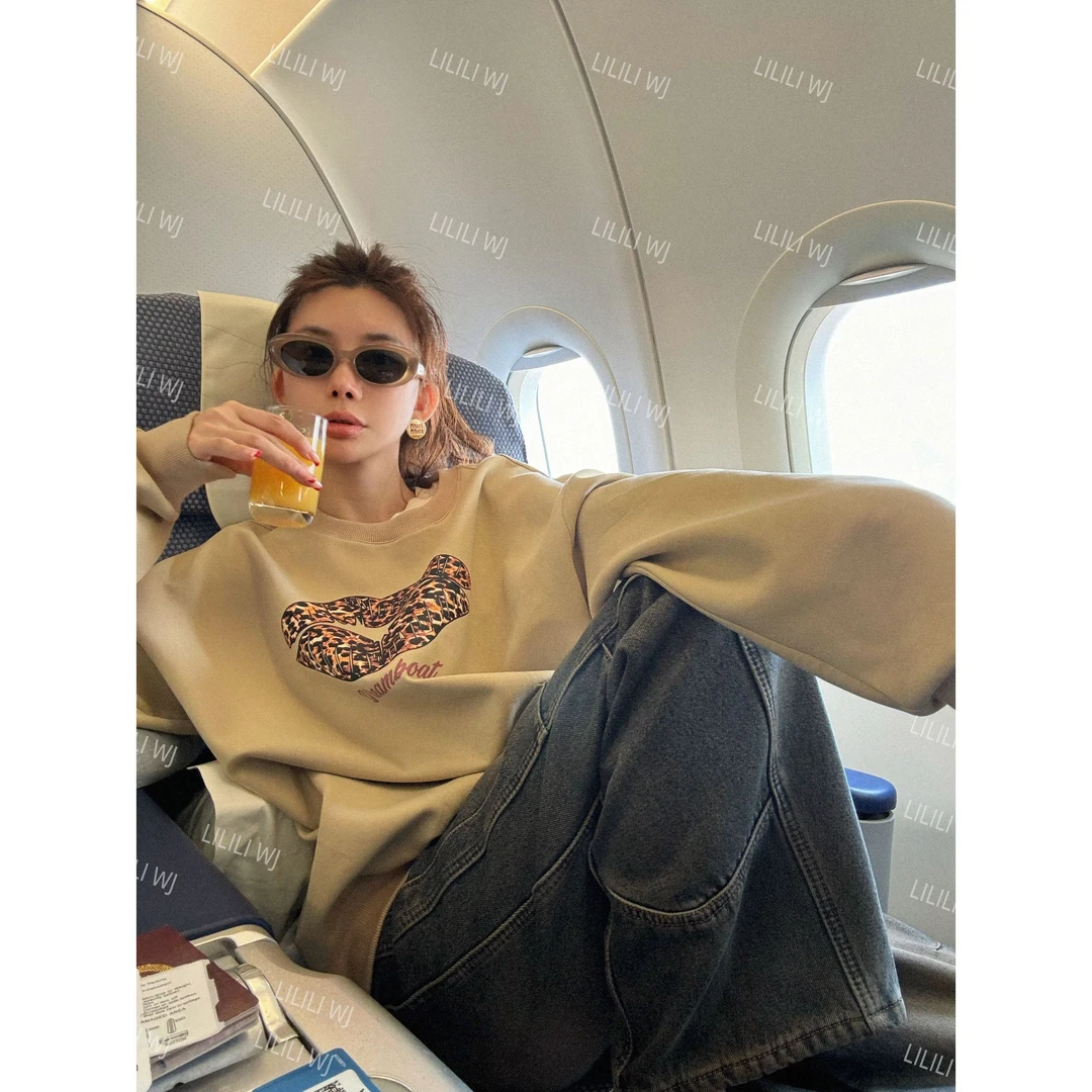 婉君【豹纹嘴唇卫衣】新款美式复古宽松百搭卫衣外套LWJ25A1C012