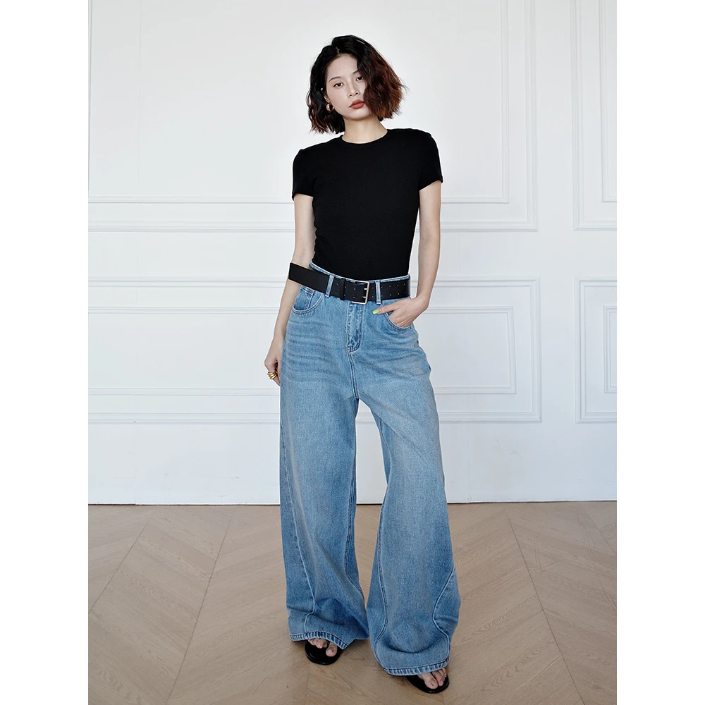 春夏洗水做旧直筒阔腿牛仔裤女宽松 K358#