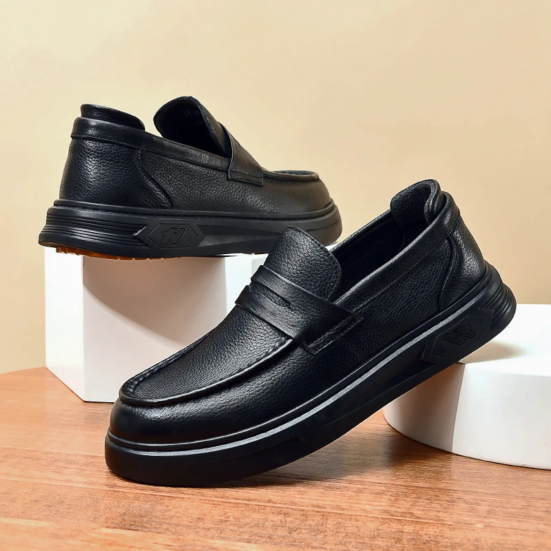 商务休闲皮鞋一脚蹬豆豆鞋舒适透气真皮男鞋厨师餐厅防水油止滑鞋
