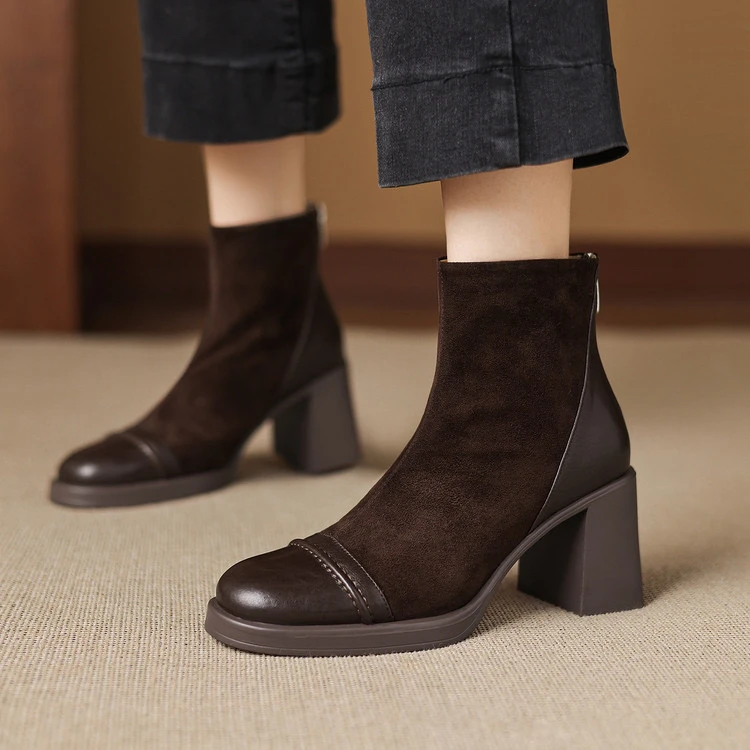 头层牛皮7.5cm～复古高跟短靴显瘦气质瘦瘦靴新款粗跟时装靴短筒