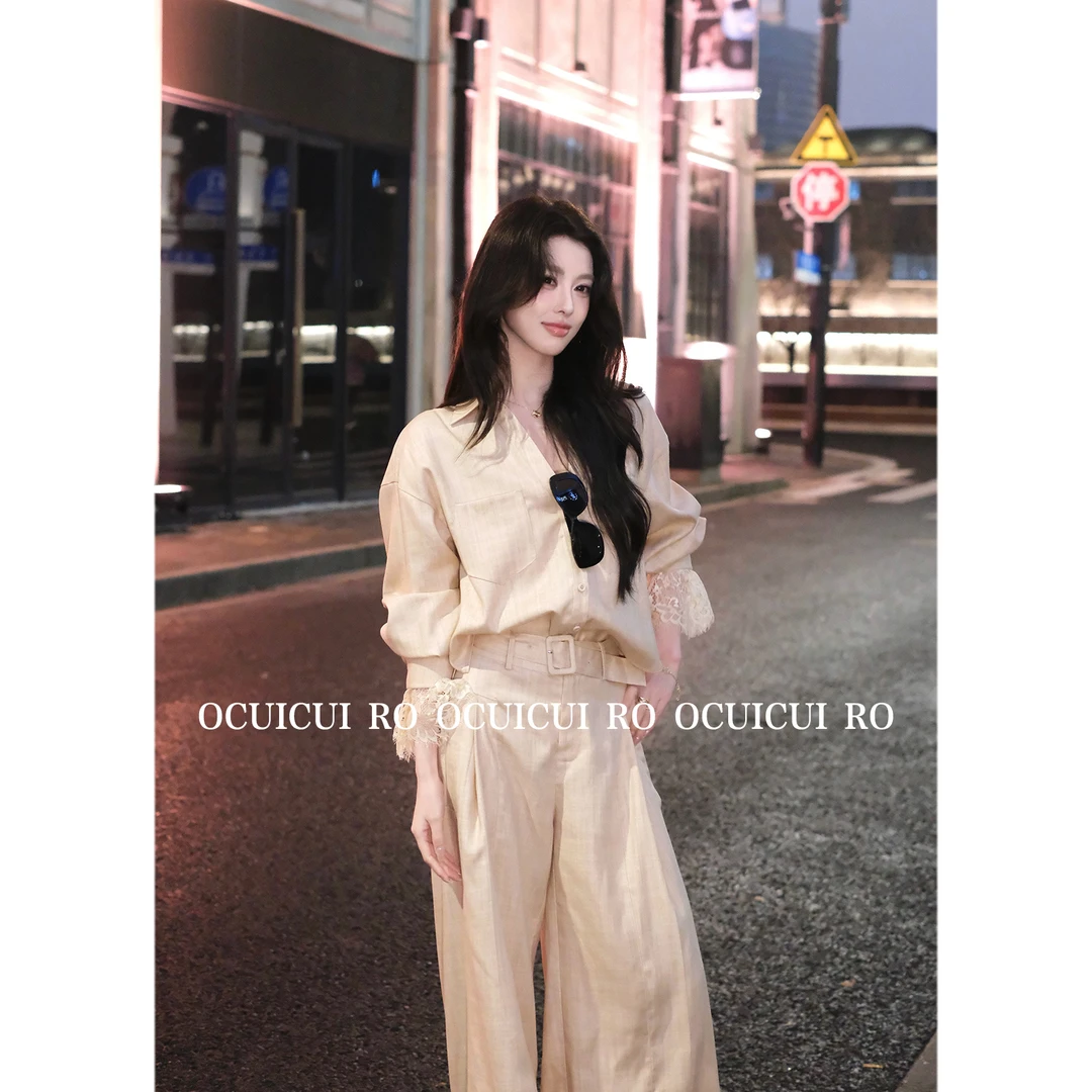 CUI CUI 崔崔【杏花春雨】蕾丝拼接老钱风春季长袖衬衫气质时尚套装