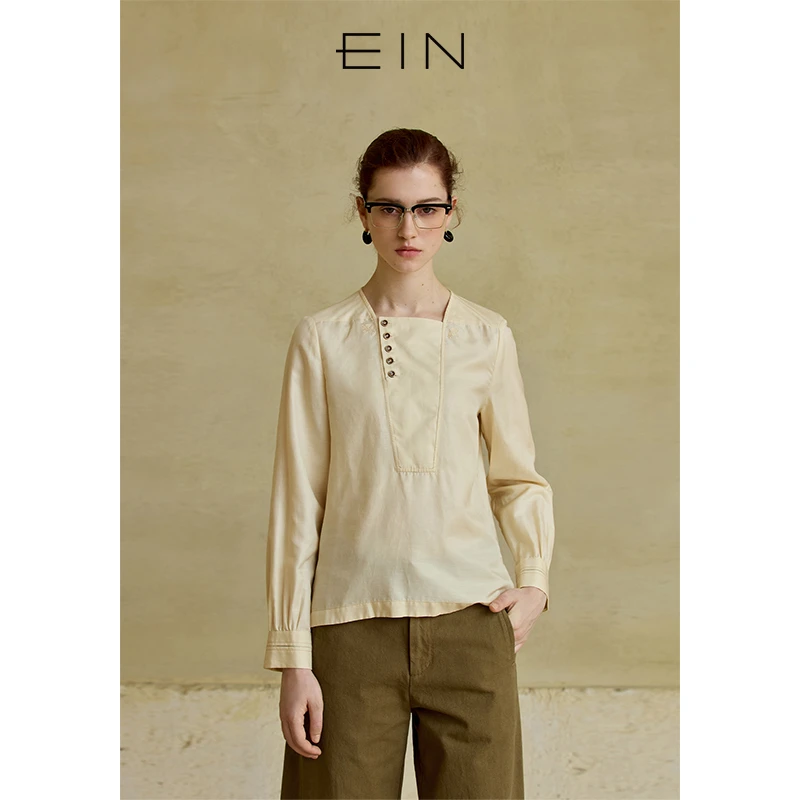 EIN/言【商场同款】文艺不对称方领绣花丝棉长袖上衣女装25早春