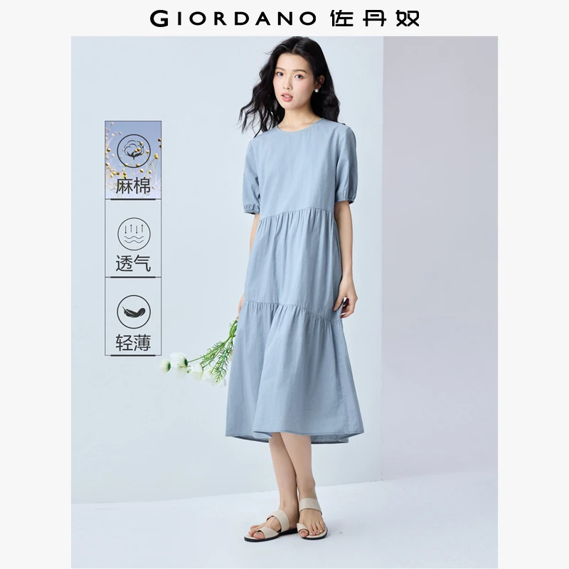 佐丹奴天然棉麻连衣裙女装减龄圆领泡泡袖夏季蛋糕裙05465323