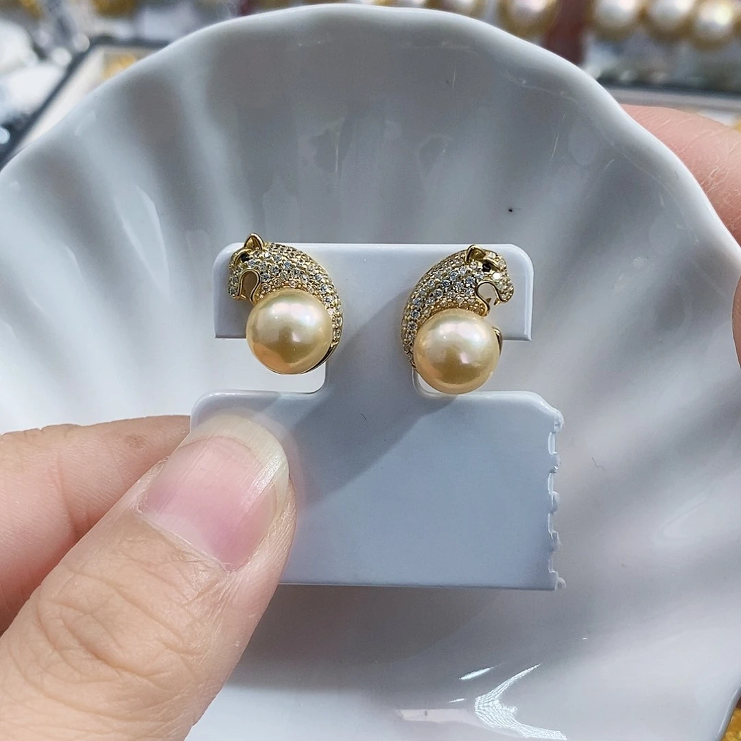 银S925镶嵌特价天然橙色炫彩耳饰淡水珍珠